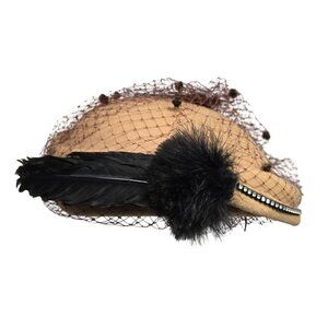 Vintage Ladies Tan Fascinator Hat Black Feather & Rhinestones Brown Veil